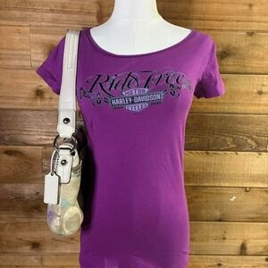Y2K Women's Purple Harley Davidson short sleeve shirt with a relaxed fit